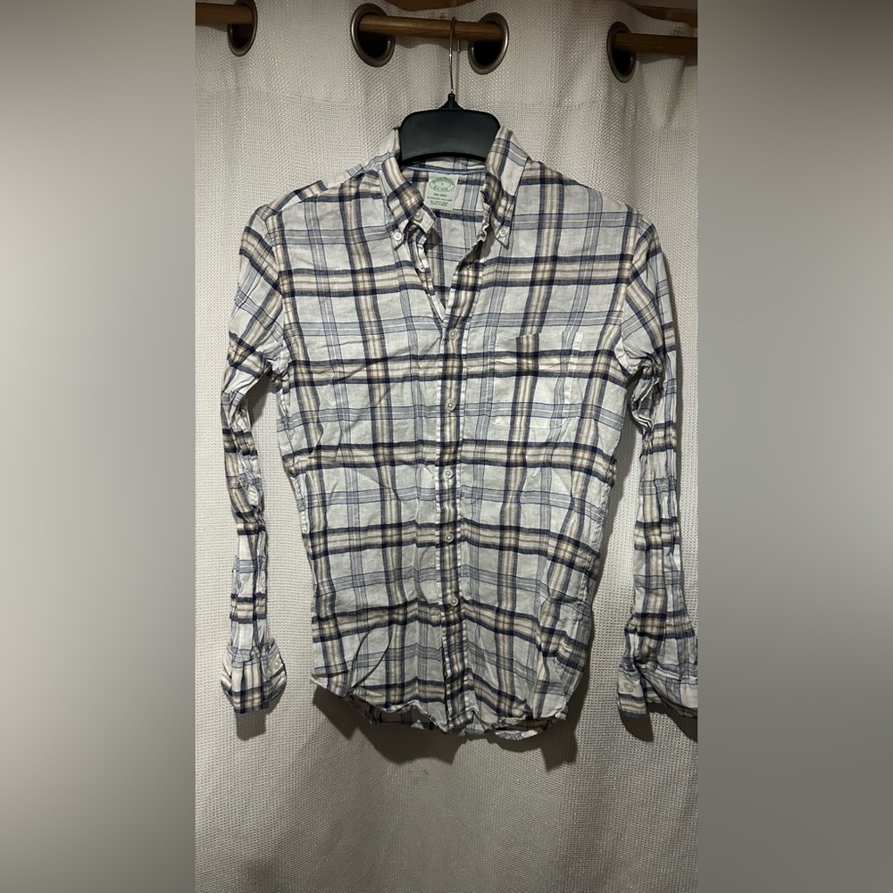 Brooks Brothers 100% Linen Plaid Button Down Shirt - Navy and Cream